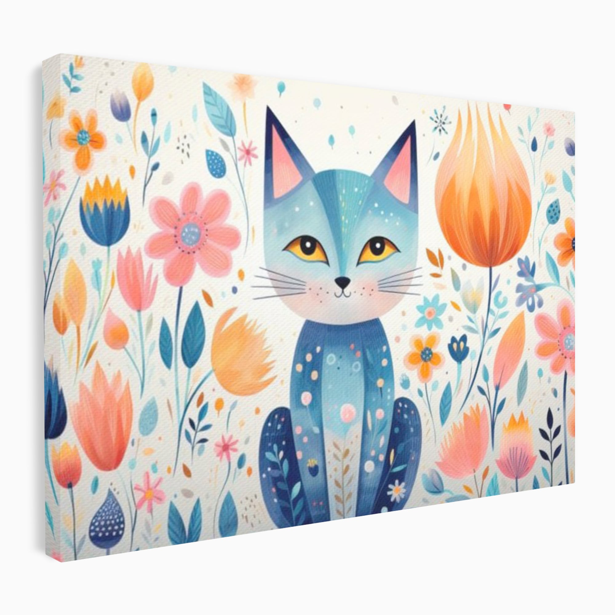 Tablou canvas cu ilustratie digitala cu pisica albastra si flori, fara rama, pe sasiu de lemn